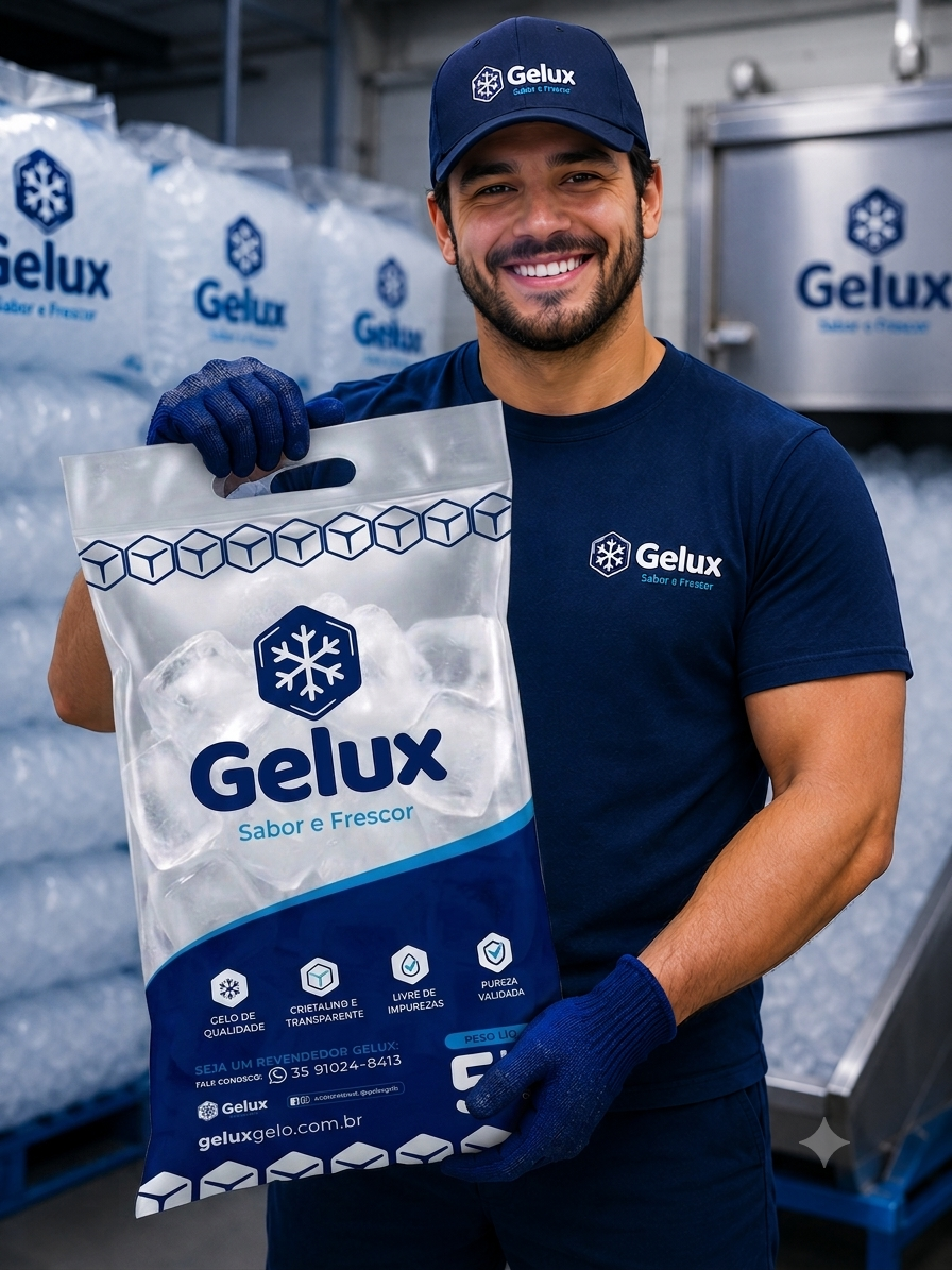 Colaborador Gelux segurando pacote de gelo